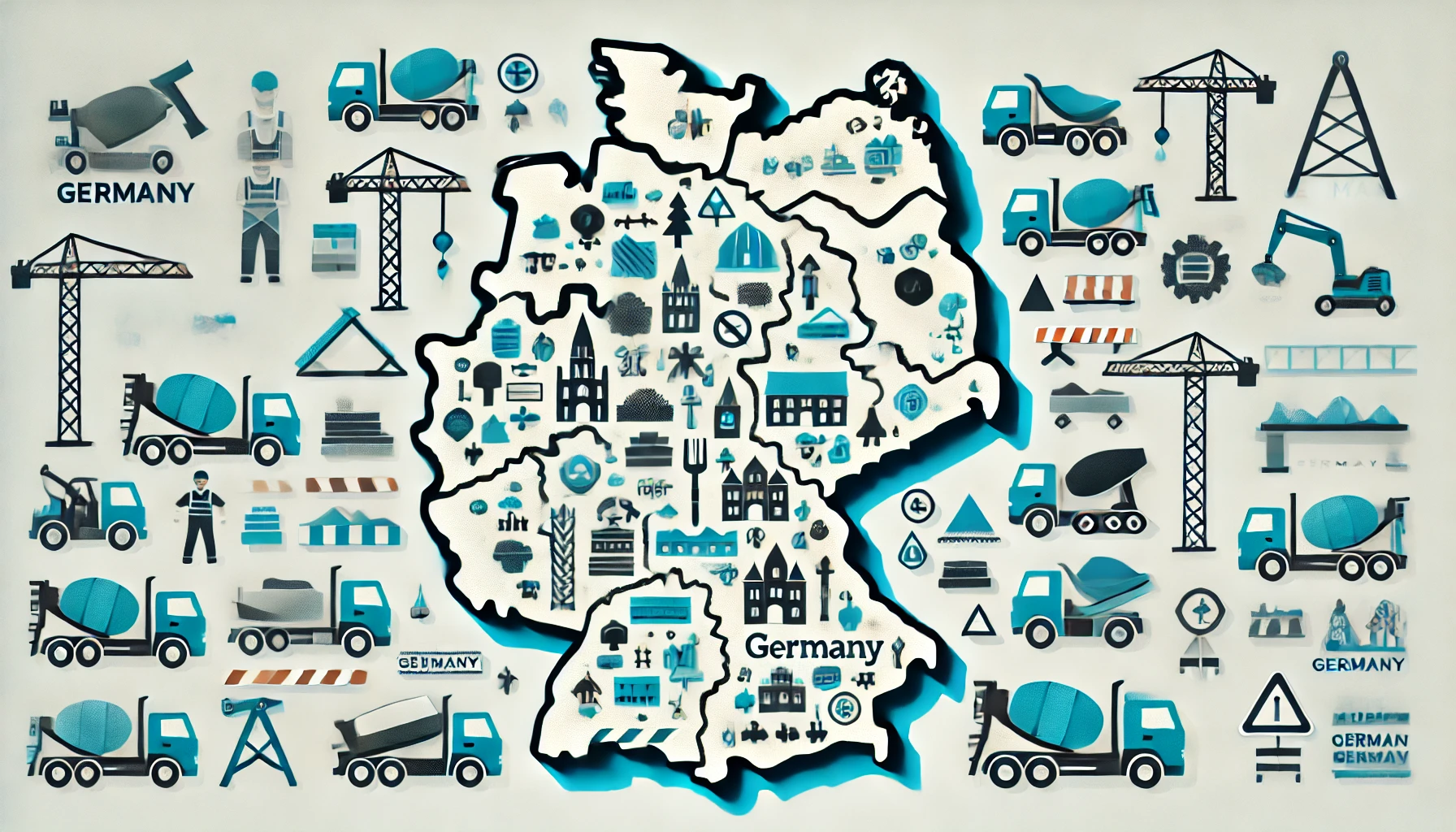 DALL·E 2024-11-05 16.29.05 – A sharp, 2D vector-style illustrated map of Germany with clearly visible construction icons and no text. The map features a clean and minimal outline