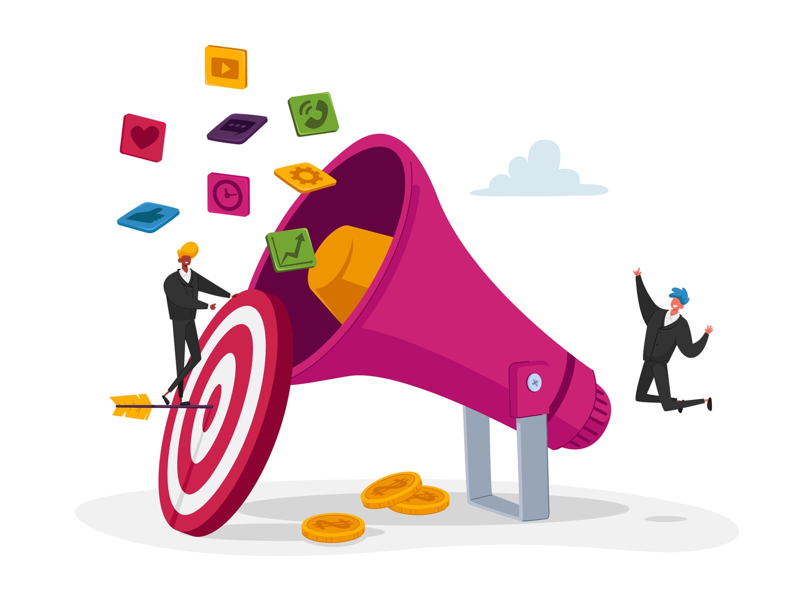 Digital Marketing, Public Relations and Affairs, Communication. Pr Agency Tiny Characters Team Work with Huge Megaphone
